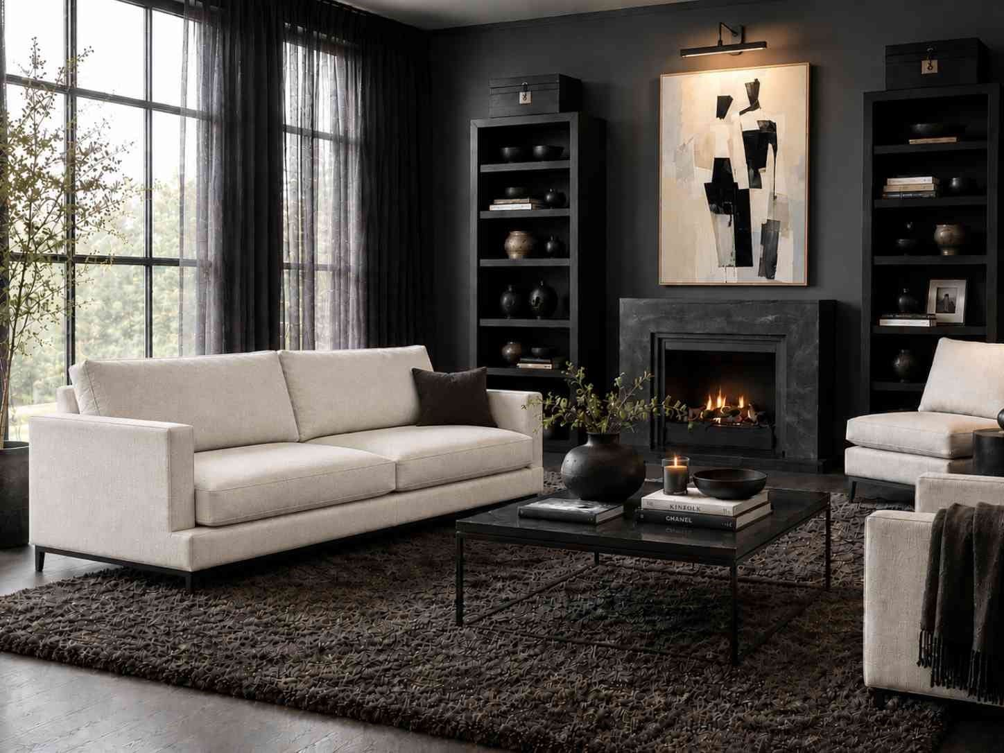 Montana sofa fra Home Factory i lys tekstil i elegant stue med peis